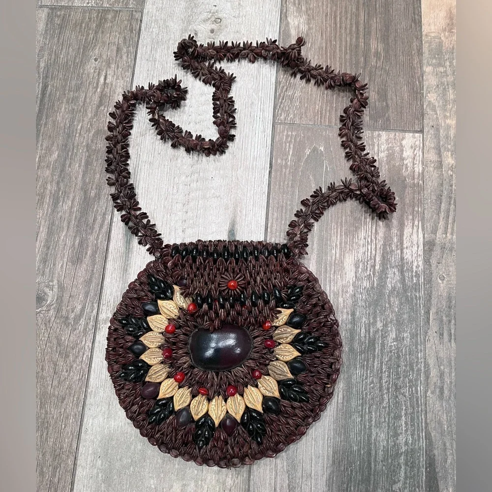 Vintage Apple Seed Purse Handcrafted Hippie Bag Boho Festival 1960’s Folk art